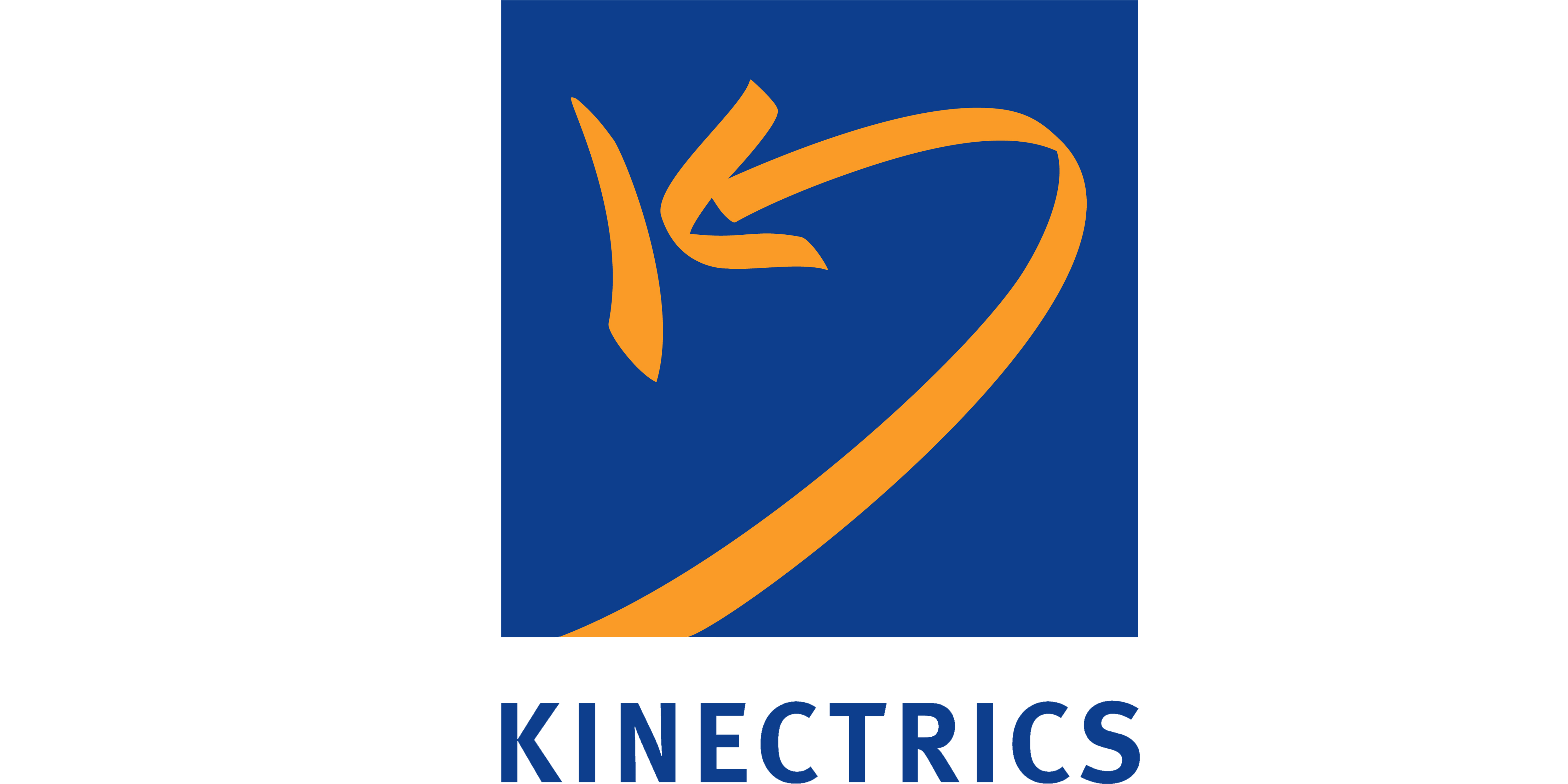 kinectrics logo blue square with gold arrow kinectrics text underneath